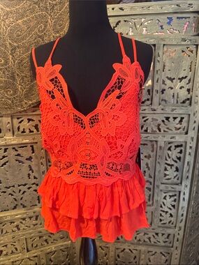 Free People Red Crochet Lace Ruffle Camisole